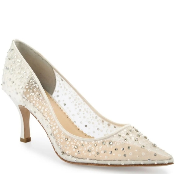 EVELYN IVORY Crystal & Sequin llusion Mesh Sparkly Kitten Heels - Picture 3 of 12